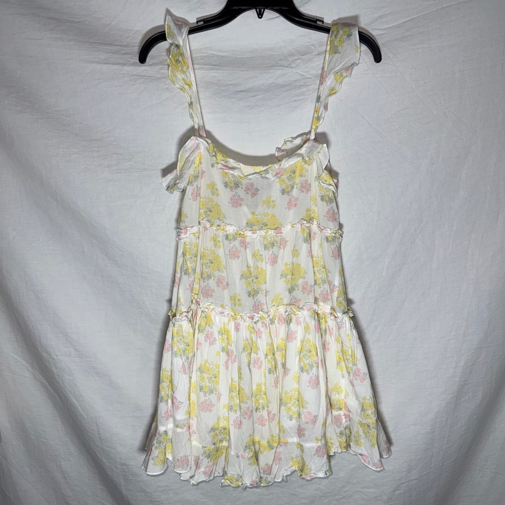 LoveShackFancy Yellow Floral Cotton Tiered Mini Dress Ruffle Straps Size Small - Picture 3 of 9